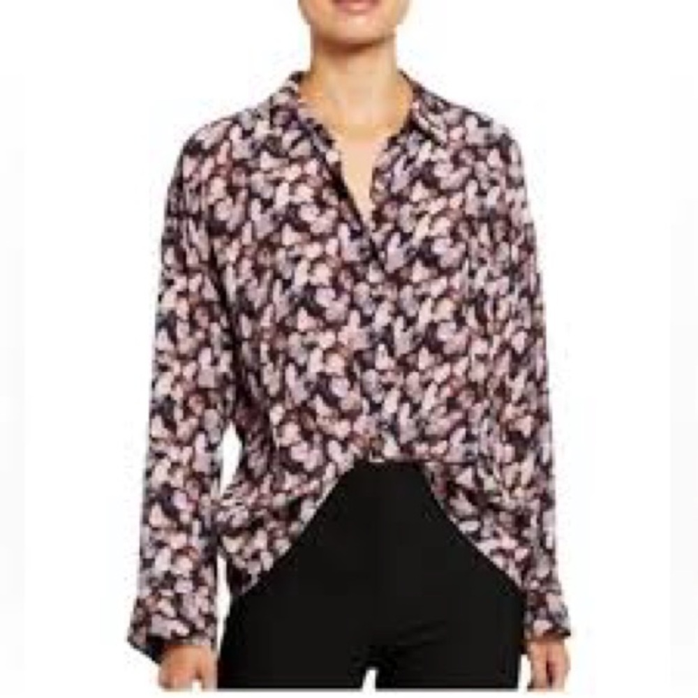 Vince Silk Blouse XS Esme Micro Painted Floral EUC Long Sleeve Designer Luxury